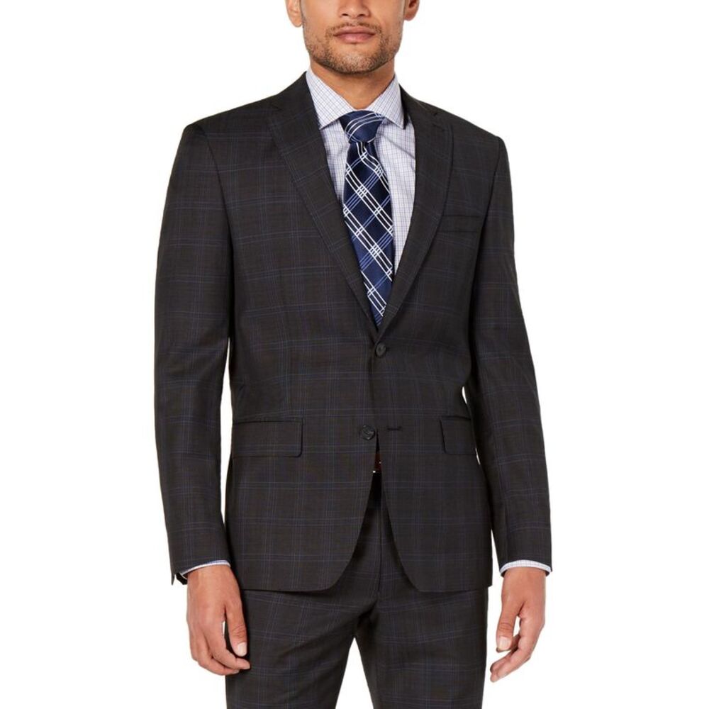 DKNY Mens Modern Fit High Performance Wool Plaid Suit Jacket 38S Grey - NWT $525